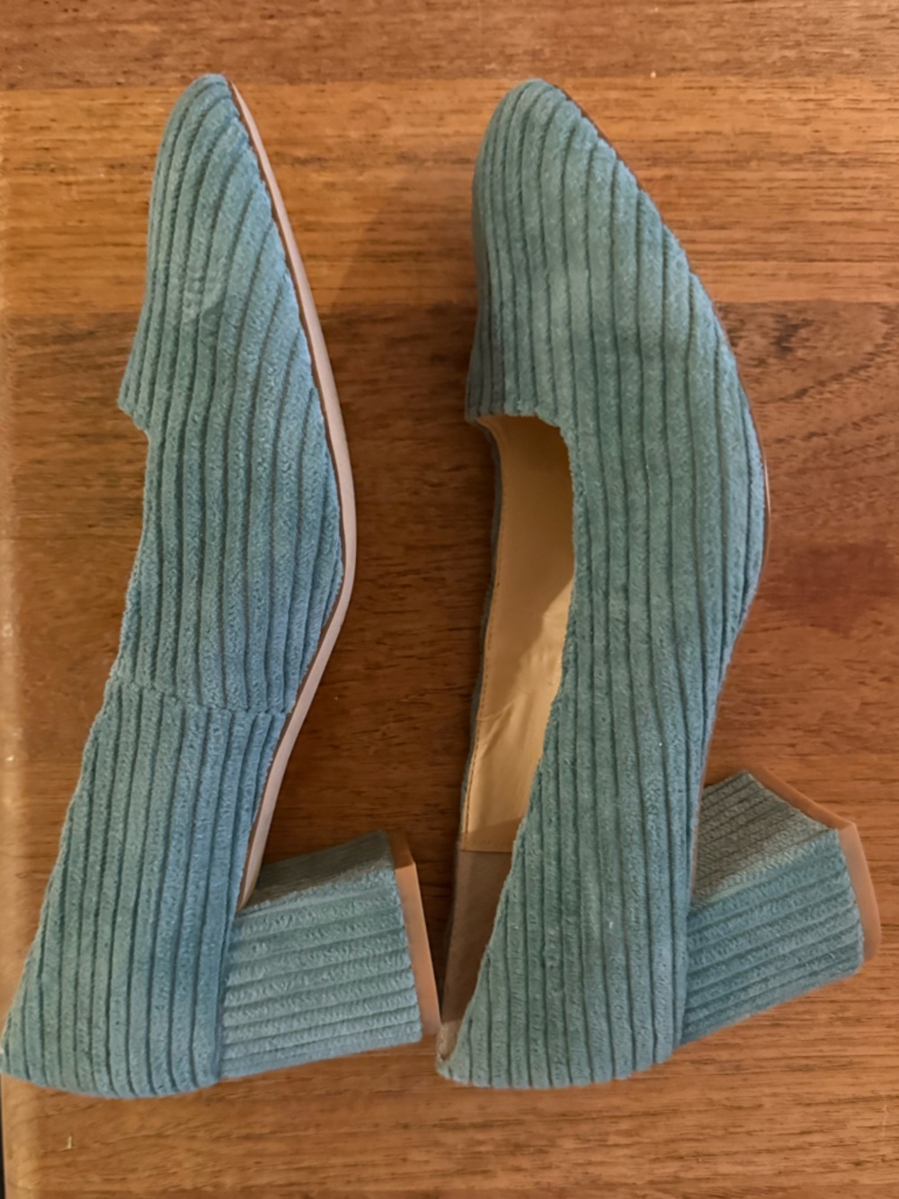 Miista Women's Teal Corduroy Heels (never worn)